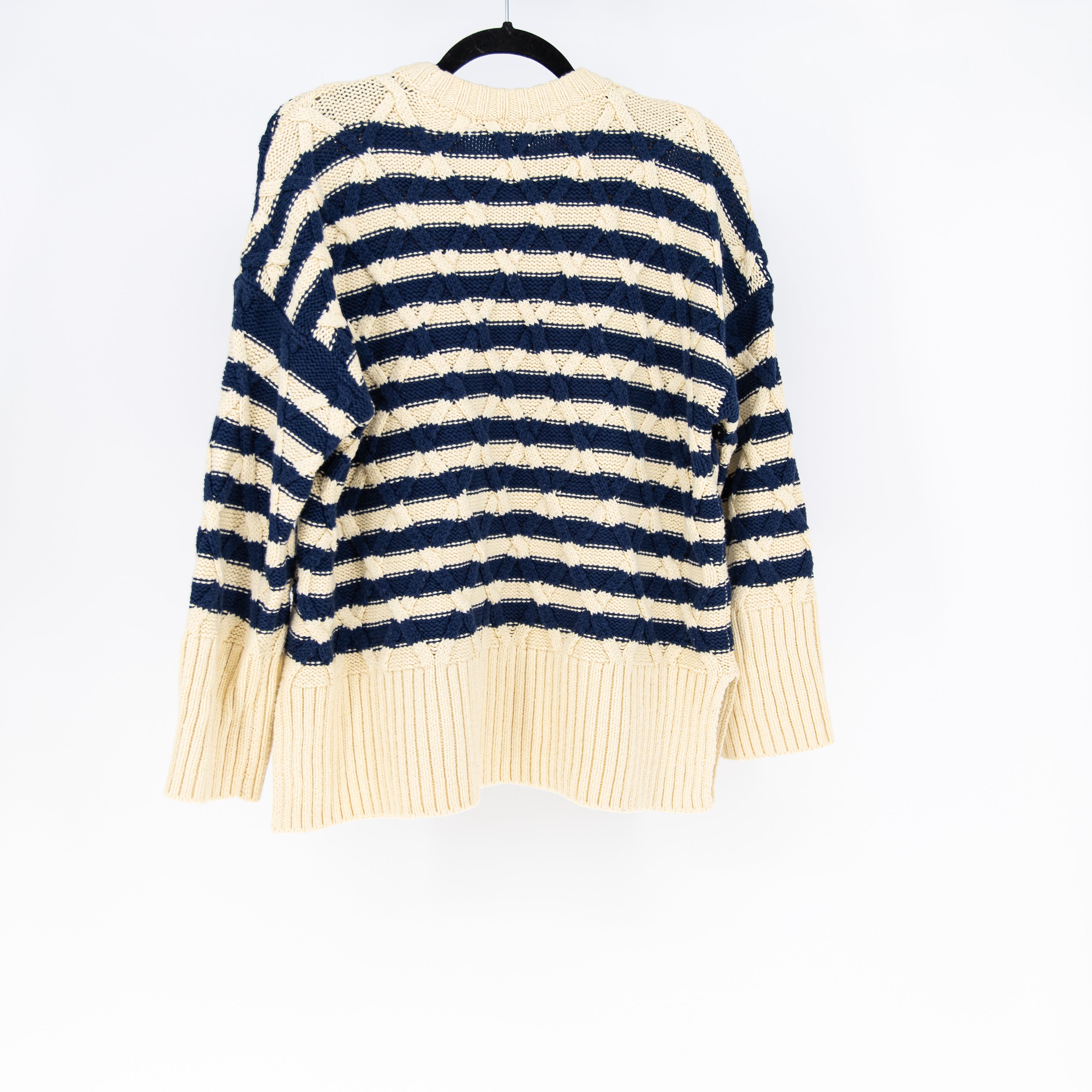 Madewell Women's Cotton Cable Knit Oversized Crew Neck Sweater Ecru Stripe Small