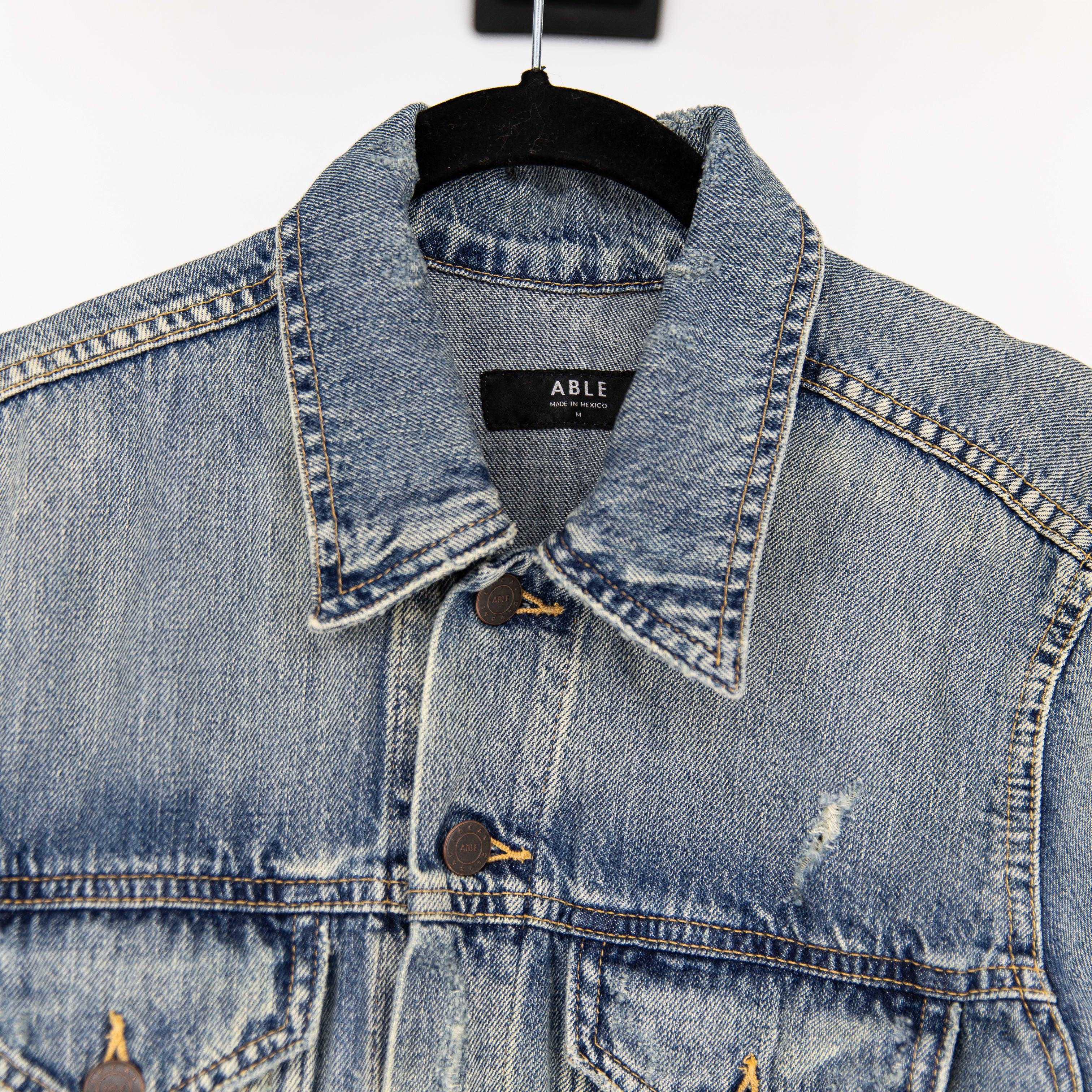 Able Women's Cotton Lyocell Distressed Faded Denim Jean Jacket Medium