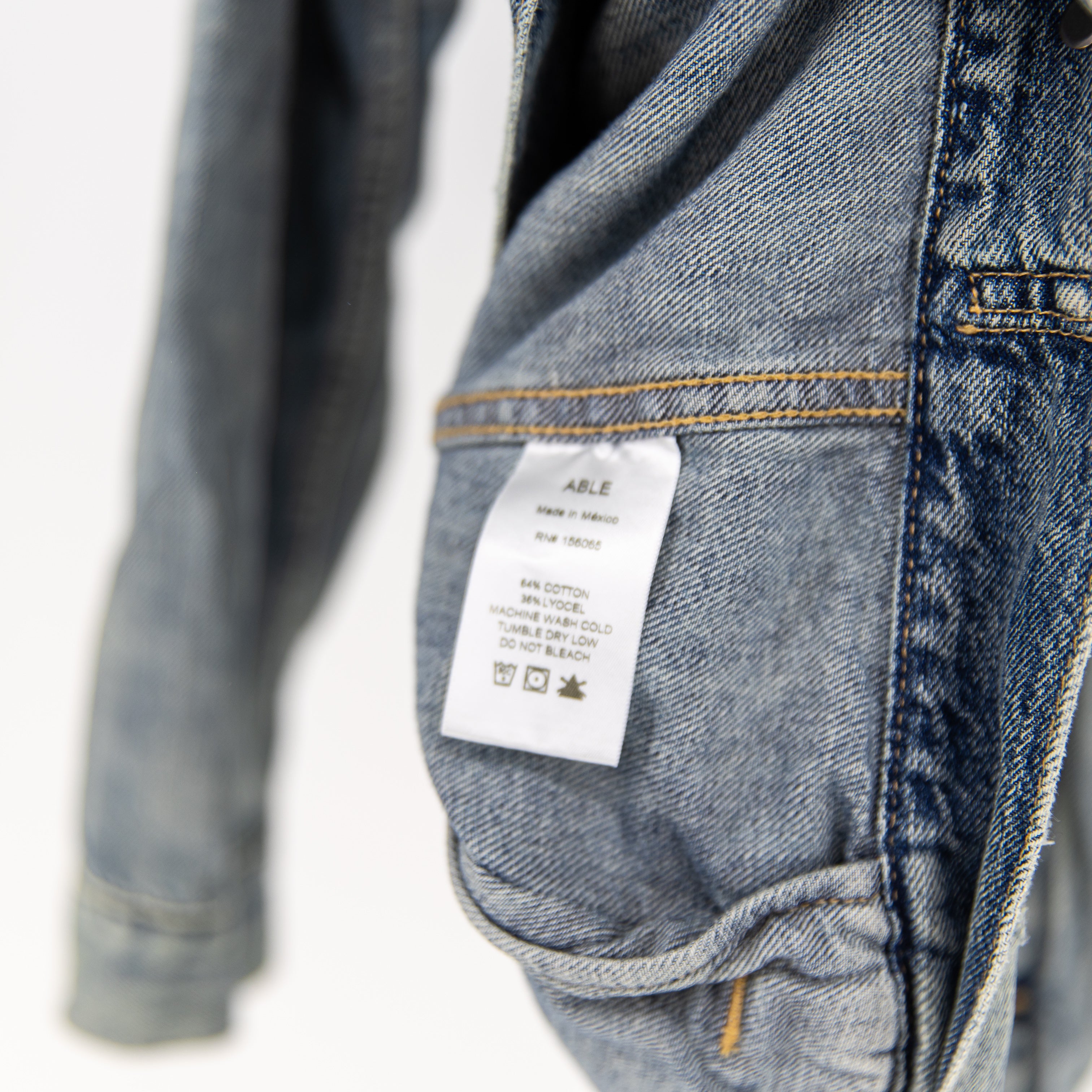 Able Women's Cotton Lyocell Distressed Faded Denim Jean Jacket Medium