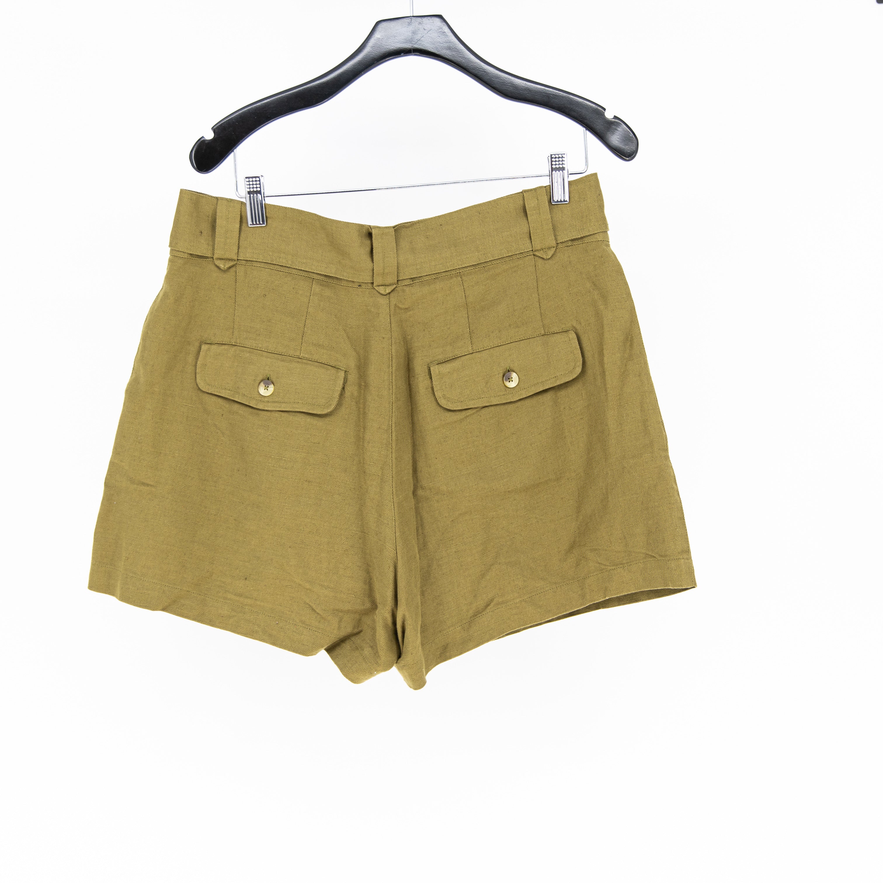 Able Women's Linen Cotton High Rise Pleated Belted Mini Shorts Green 8