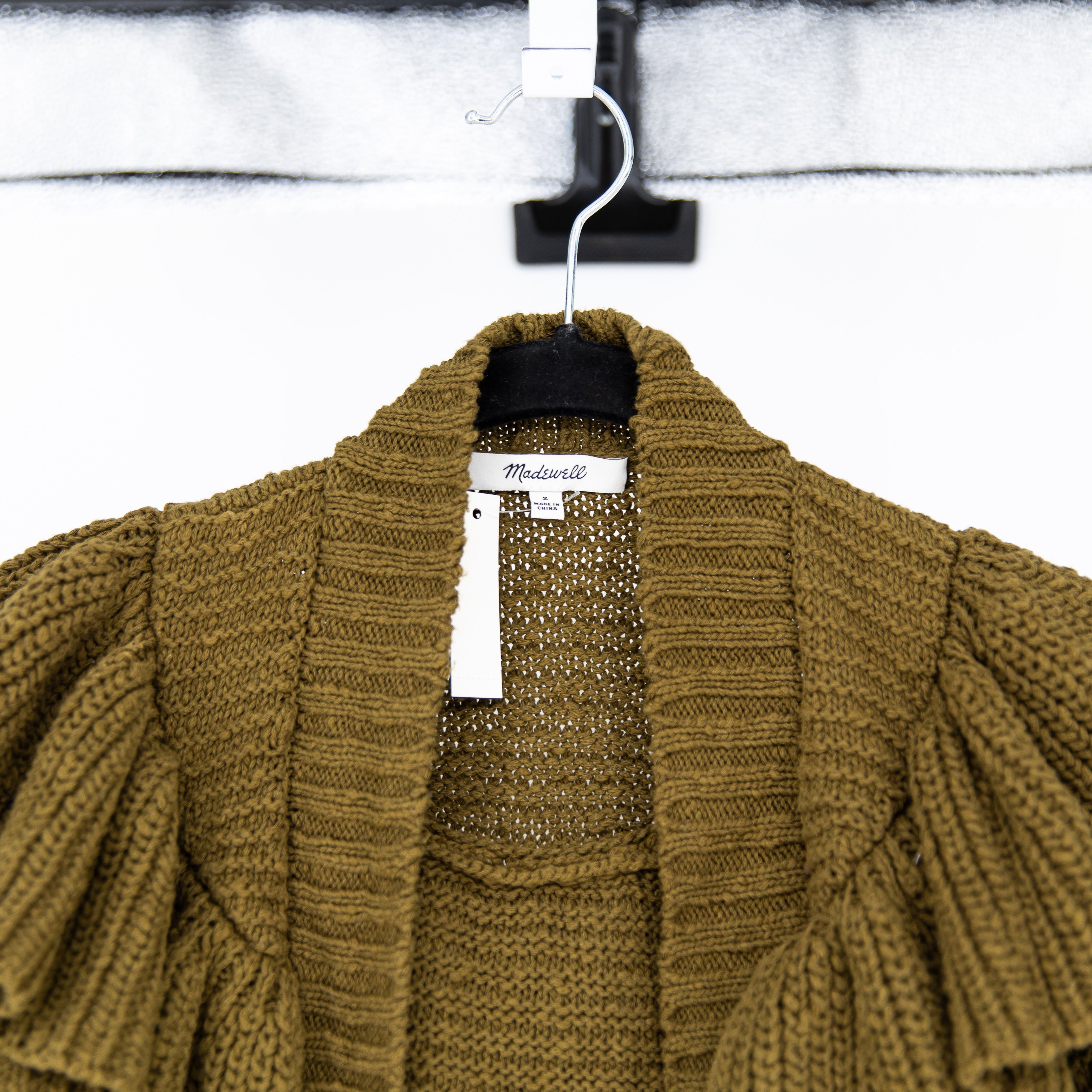 NEW Madewell Cotton Ruffle Frill Open Front Cardigan Sweater Golden Spinach S