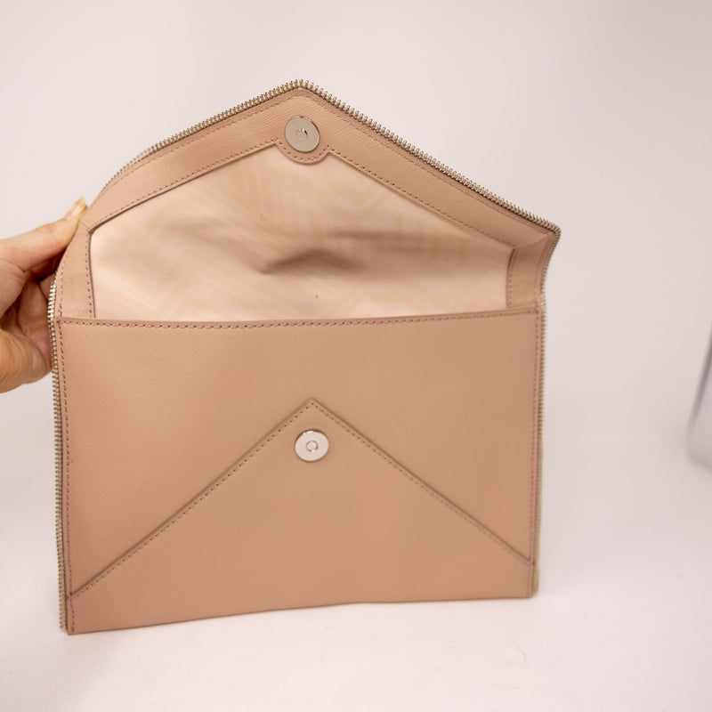 Rebecca Minkoff Leo Saffiano Zip Trim Envelope Clutch Purse Bag Blush Pink