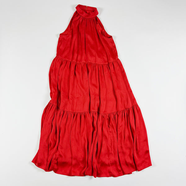 Trina Turk Immeasurable Chiffon Tiered High Neck Pullover Midi Dress Lava Red M