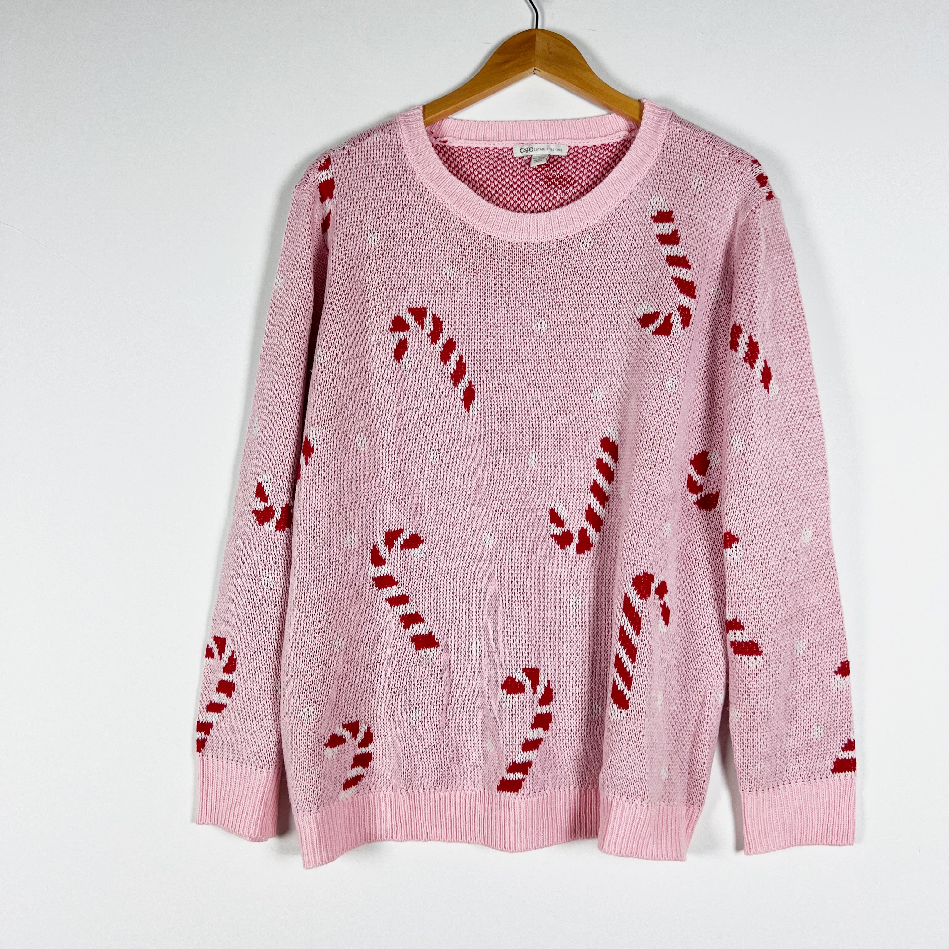 Cato Fashions Candy Cane Festive Holiday Print Pattern Crew Neck Sweater Pink