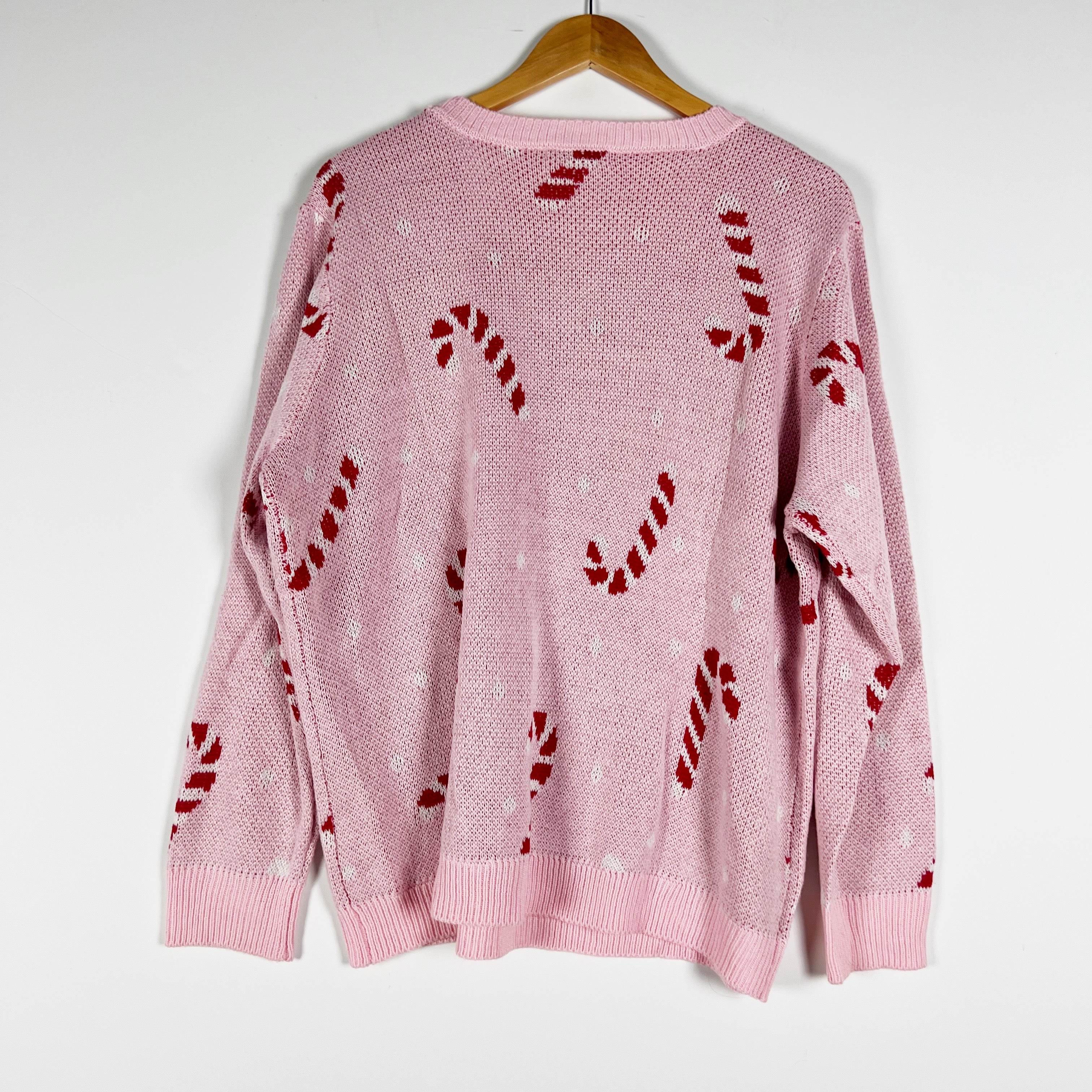 Cato Fashions Candy Cane Festive Holiday Print Pattern Crew Neck Sweater Pink
