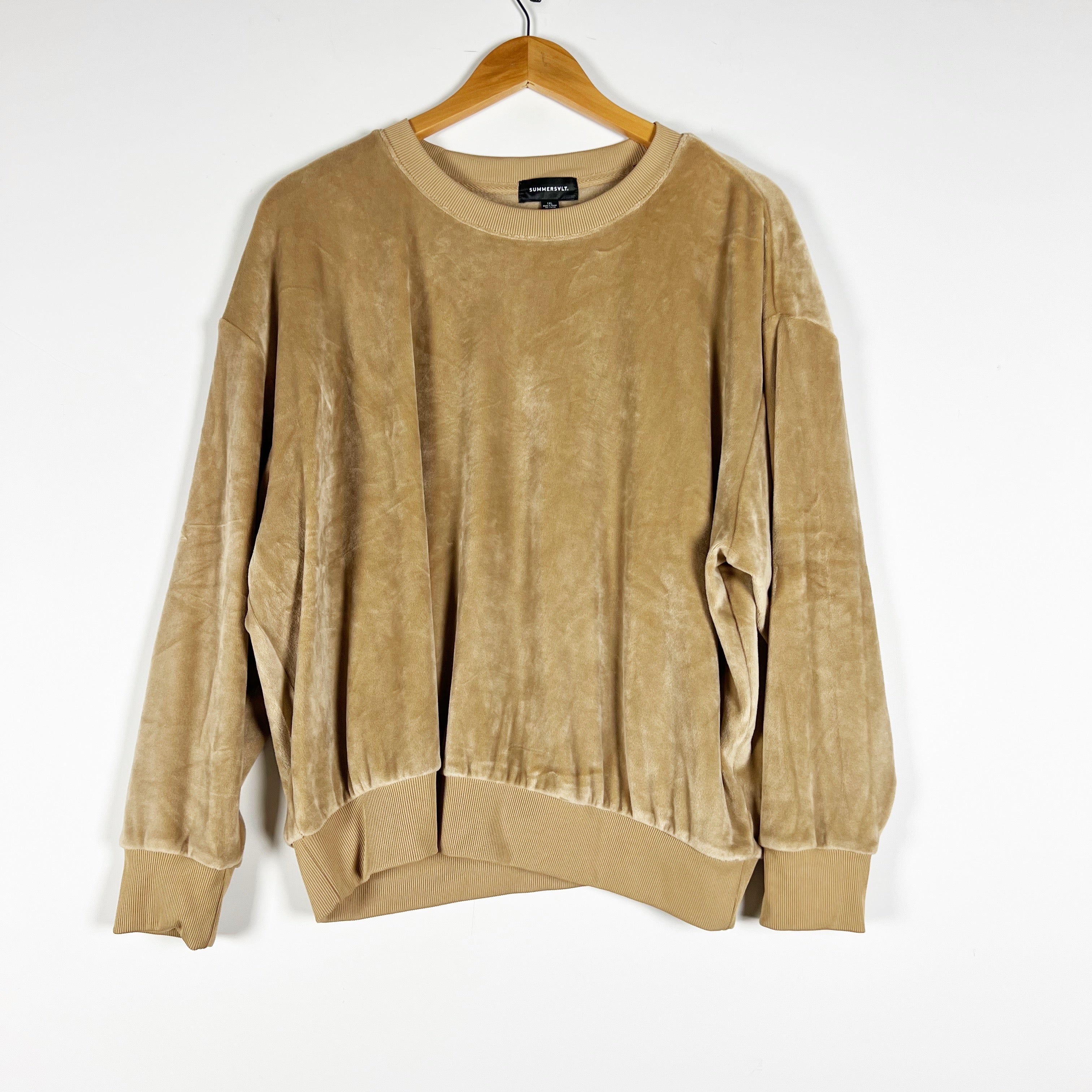 Summersalt The Plush Velour Relaxed Crew Neck Pullover Sweater Fawn Brown 1XL