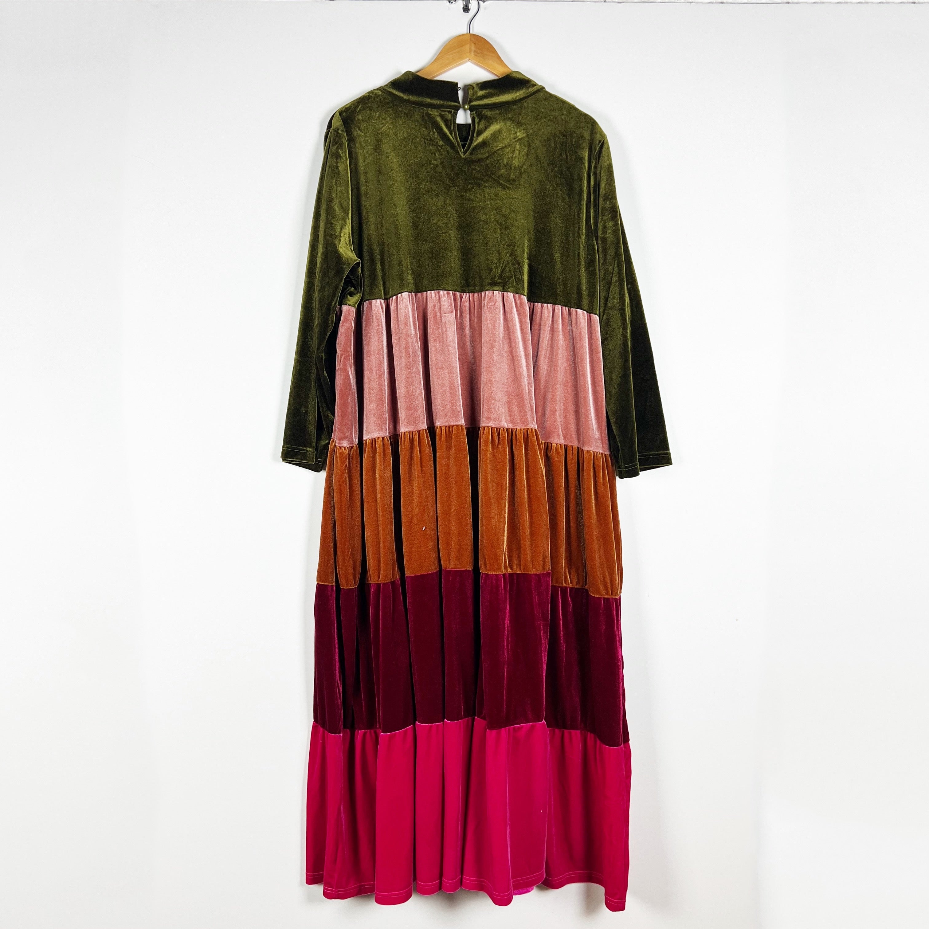 Vada Winter Rainbow Tiered Colorblock Multi Velvet Velour Maxi Dress 2X