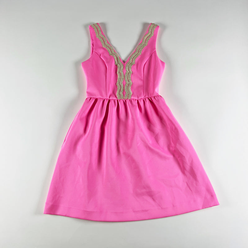 NEW Lilly Pulitzer Rorey Pink Sunset Glitter Gold Trim Stretch Mini Dress S