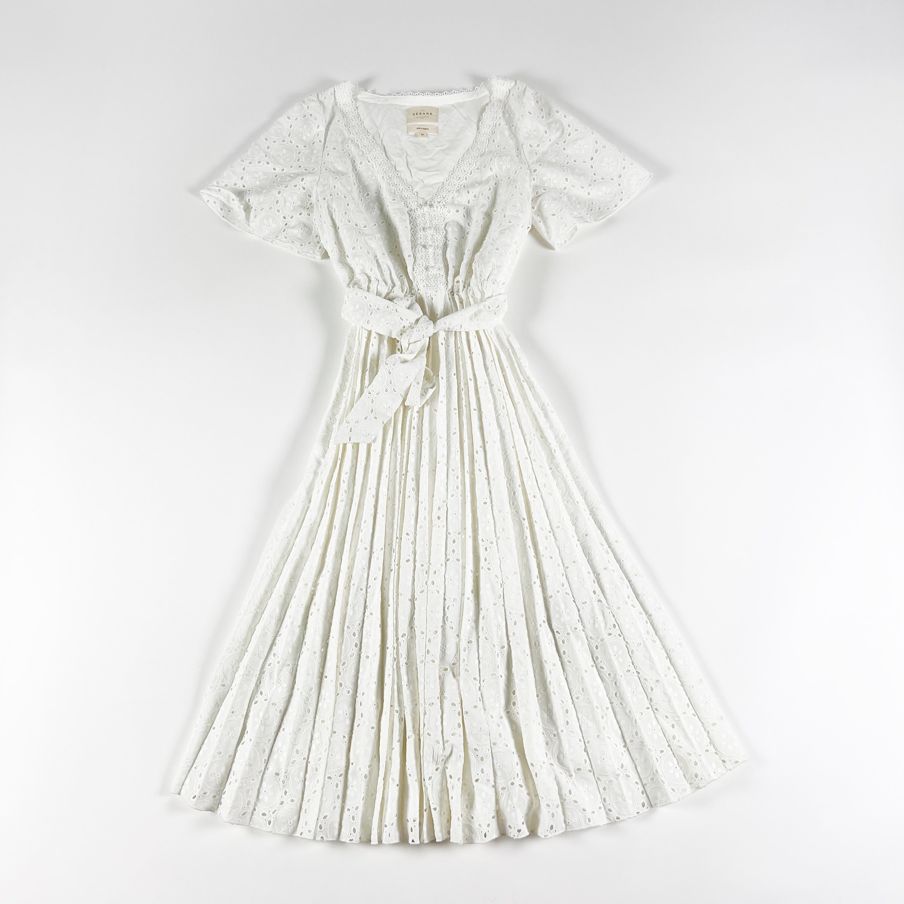 Sezane Isidore Delicate Eylet Lace Floral Trim Applique Pleated Midi Dress White