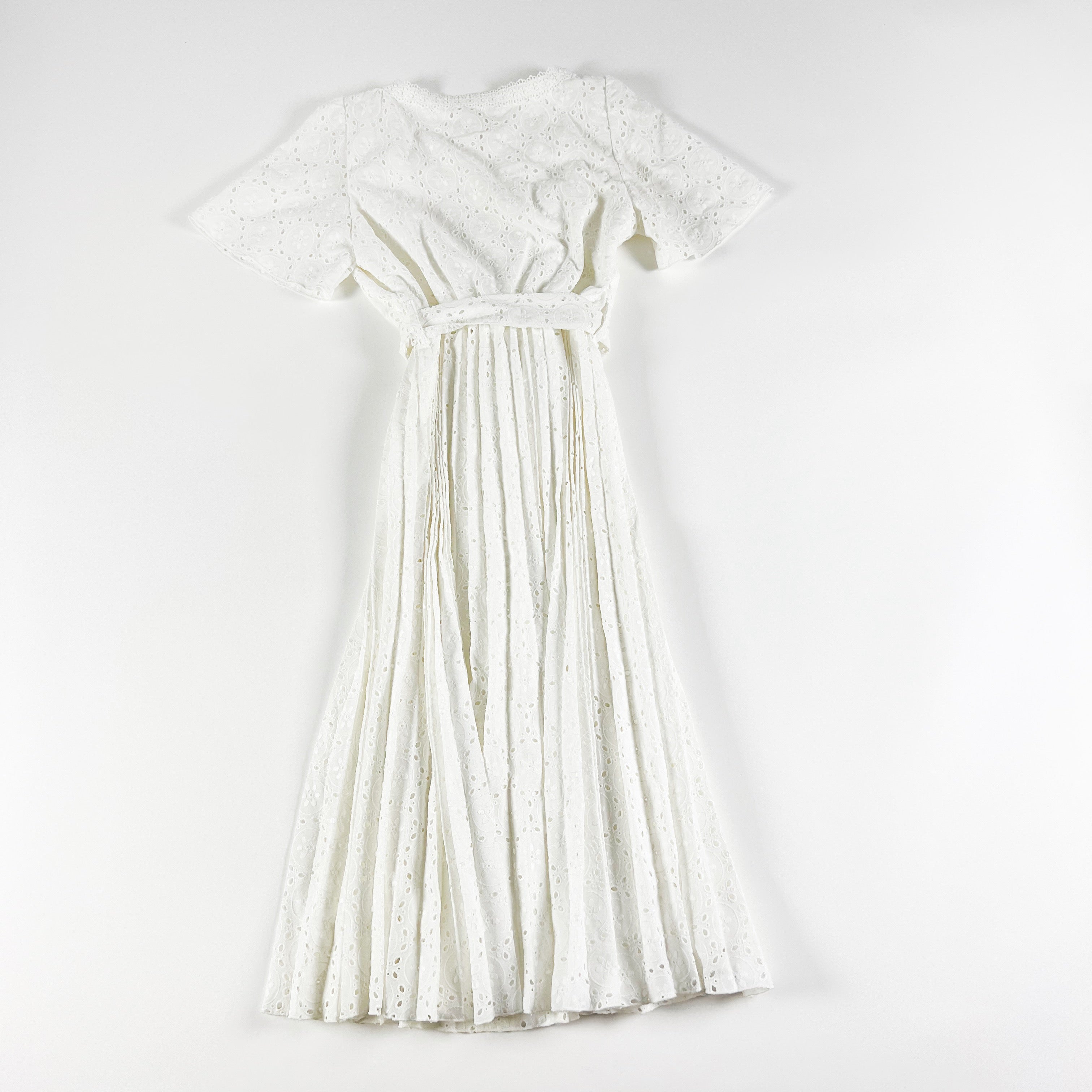 Sezane Isidore Delicate Eylet Lace Floral Trim Applique Pleated Midi Dress White