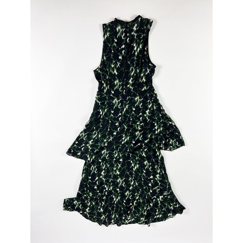 A.L.C. Wylon Silk Chiffon Sleeveless Mock Neck Green Black Printed Tiered Dress