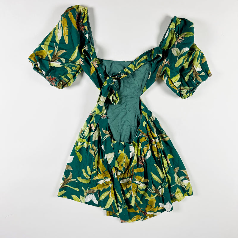 OPT Luciana Linen Blend Tropical Floral Flower Green Print Pattern Mini Dress S