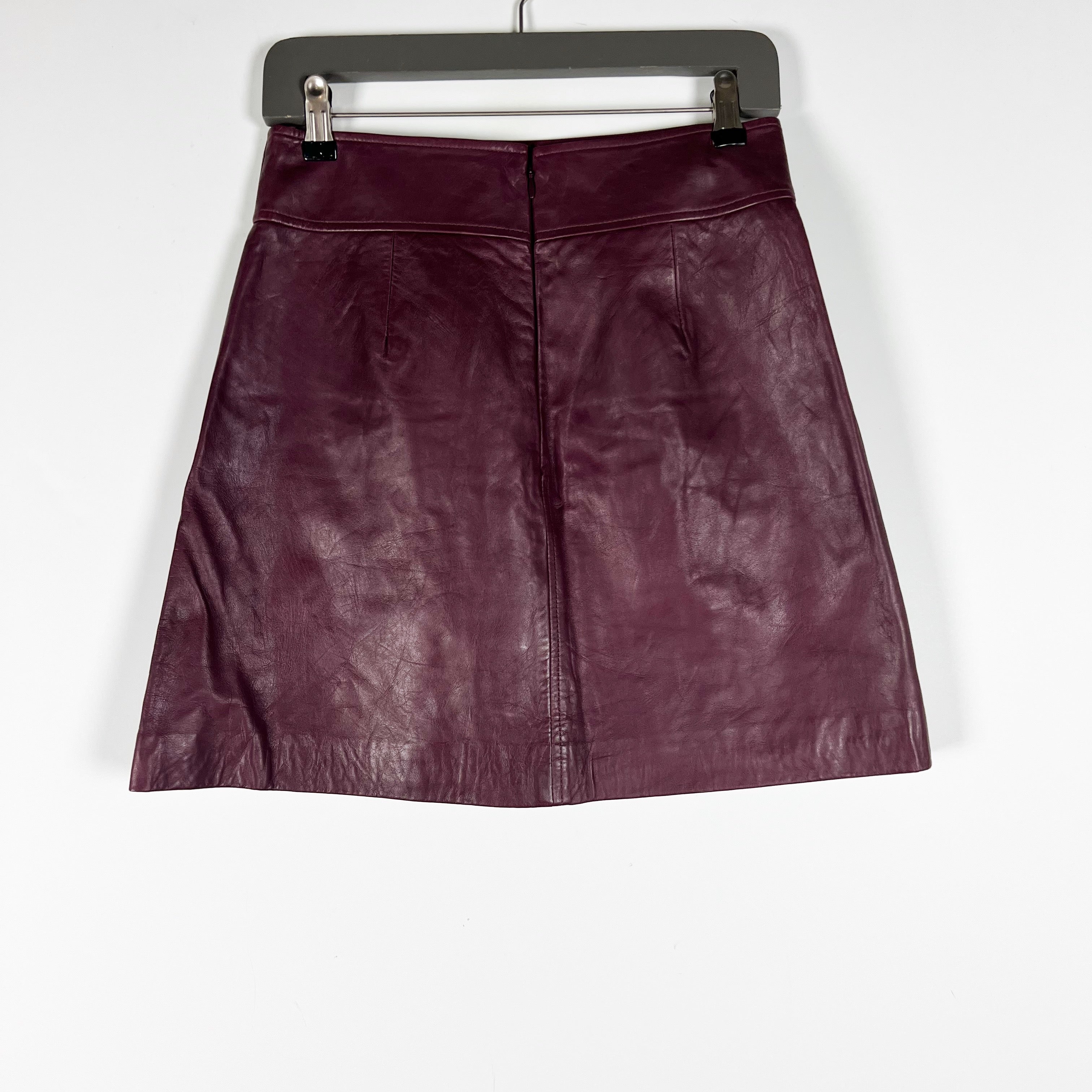 NEW Sezane Neli Genuine Leather Mini A Line Skirt Bordeaux 4