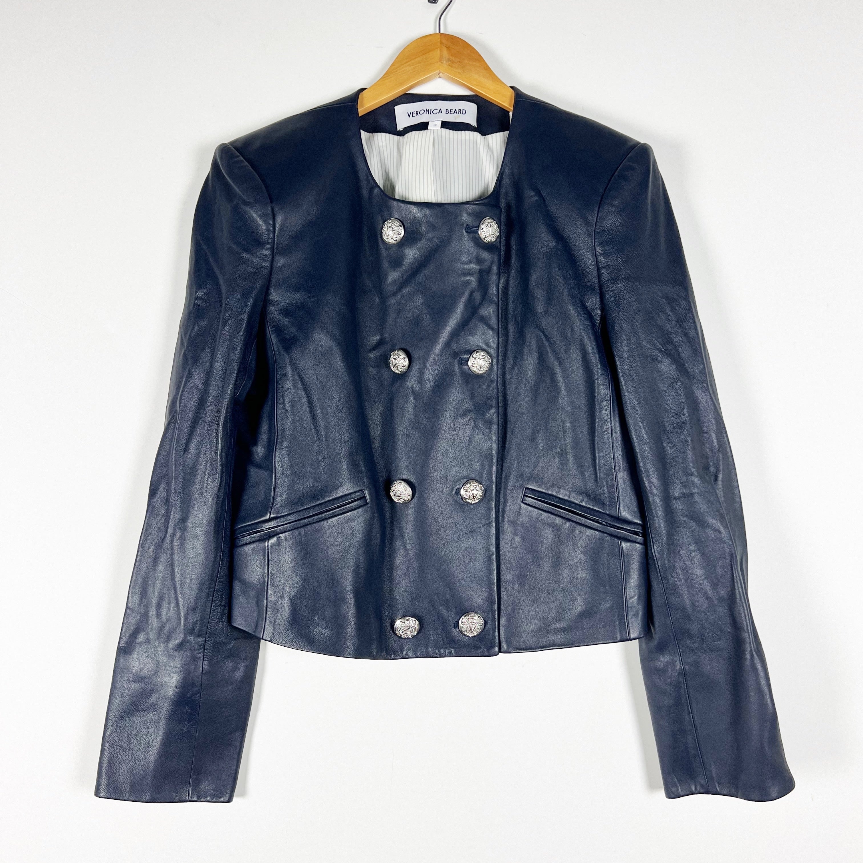 Veronica Beard Winslow Genuine Leather Double Breasted Blazer Jacket Navy Blue