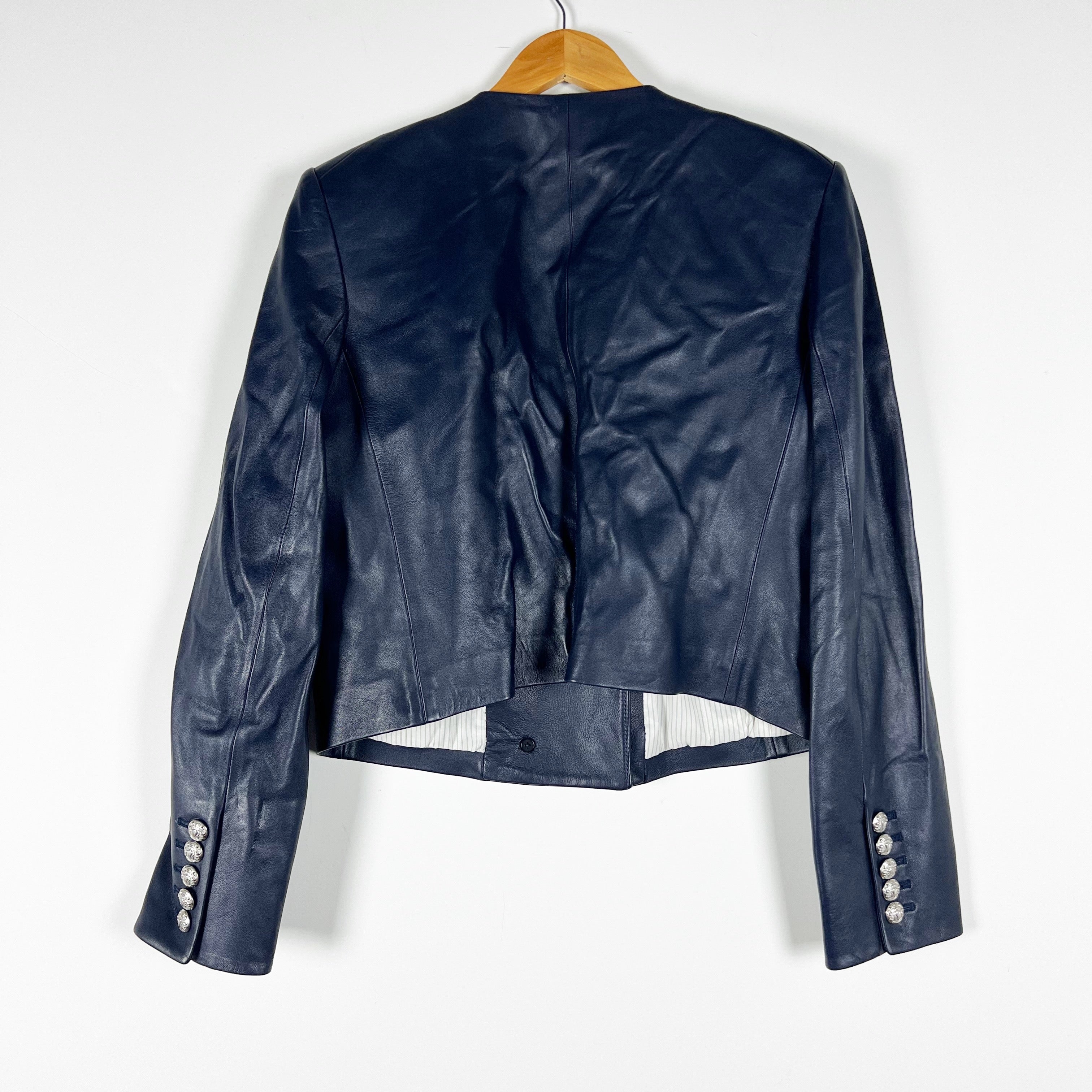 Veronica Beard Winslow Genuine Leather Double Breasted Blazer Jacket Navy Blue