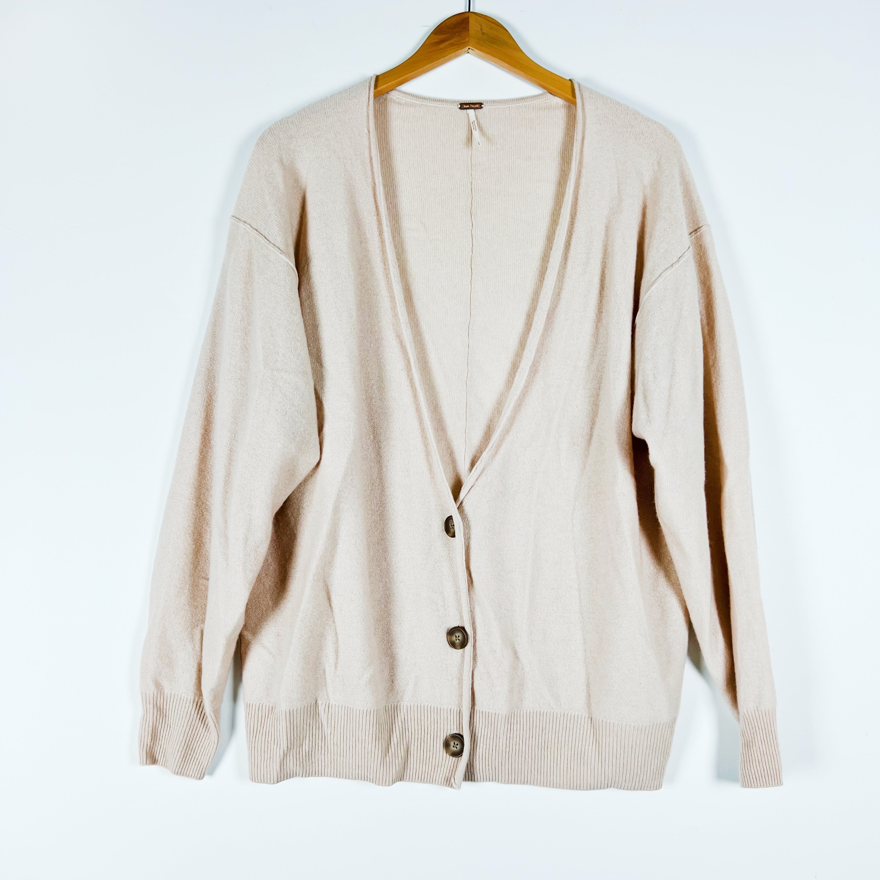 Free People School Boy Cashmere Knit Stretch Button Front Cardigan Sweater Beige