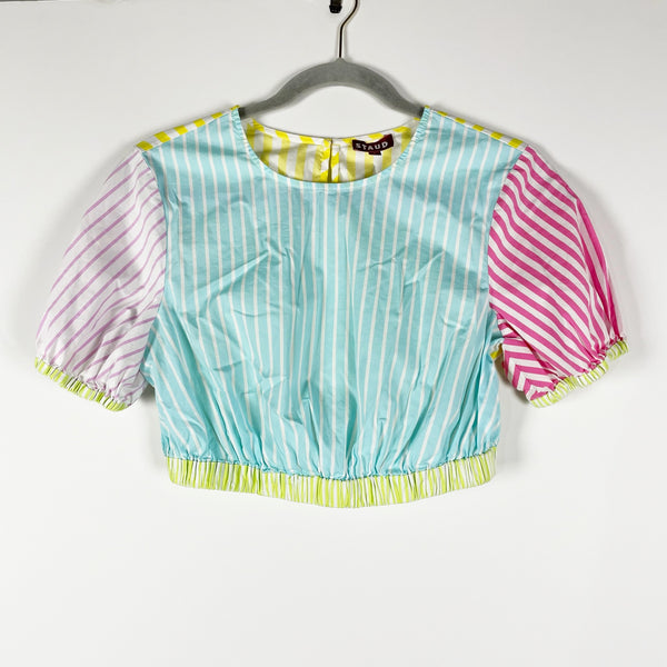 Staud Athena Cotton Poplin Puff Short Sleeve multi Color Stripe Crop Top Blouse