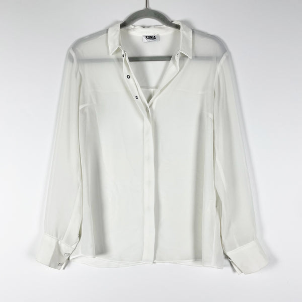 SONIA Sonia Rykiel Chiffon Semi Sher Collared Long Sleeve Blouse Shirt Top White