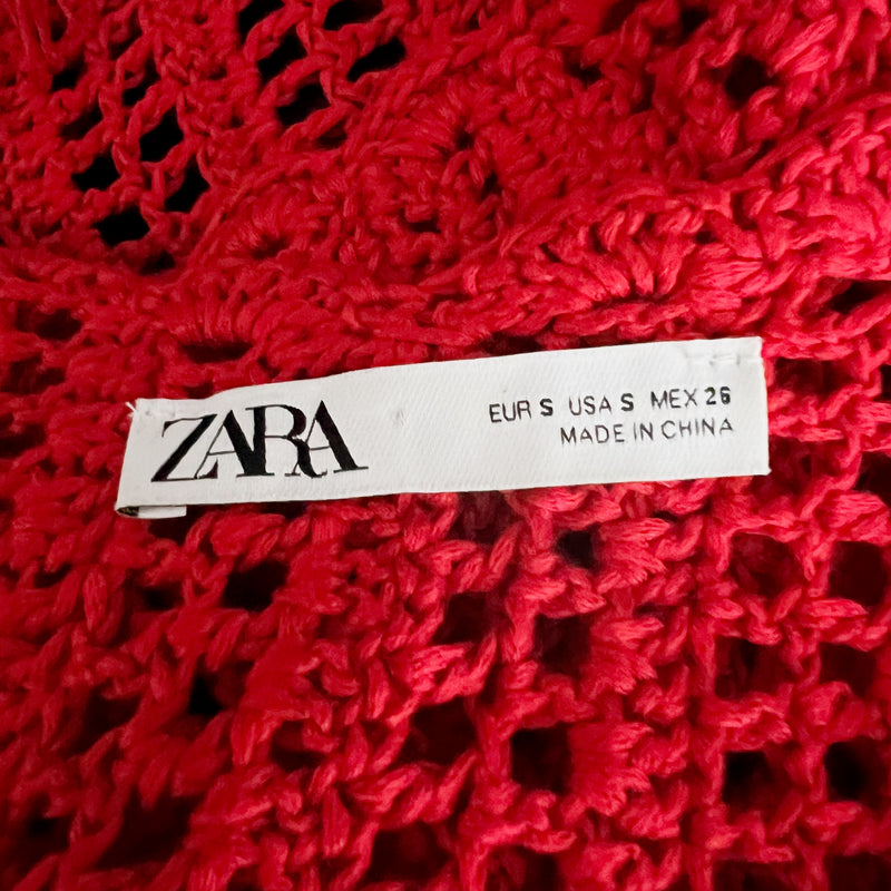 Zara Sheer Sweater Crochet Knit V Neck Fringe Crop Top Tank Red Small