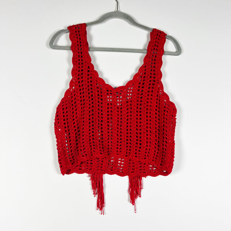 Zara Sheer Sweater Crochet Knit V Neck Fringe Crop Top Tank Red Small