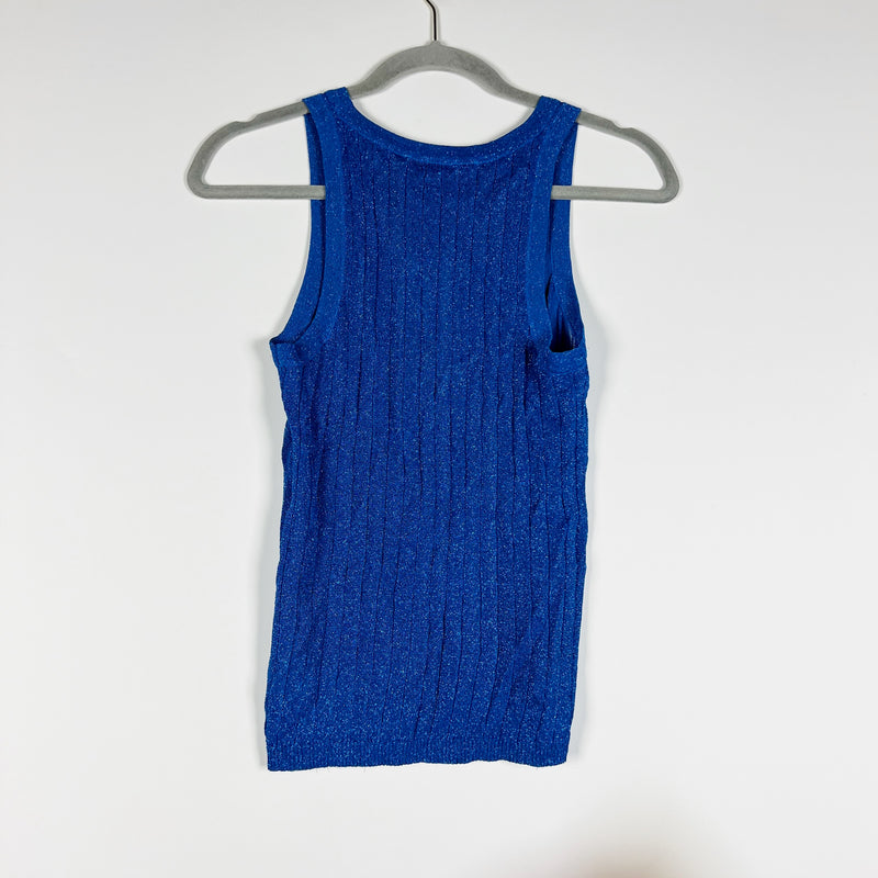 NEW Zara Blue Sparkle Metallic Ribbed Knit Stretch Scoop Neck Tank Top Shirt S