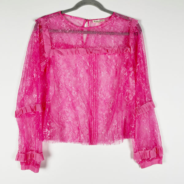 For Love And Lemons Sheer Pink Allover Lace Ruffle Long Sleeve Blouse Hot Pink S