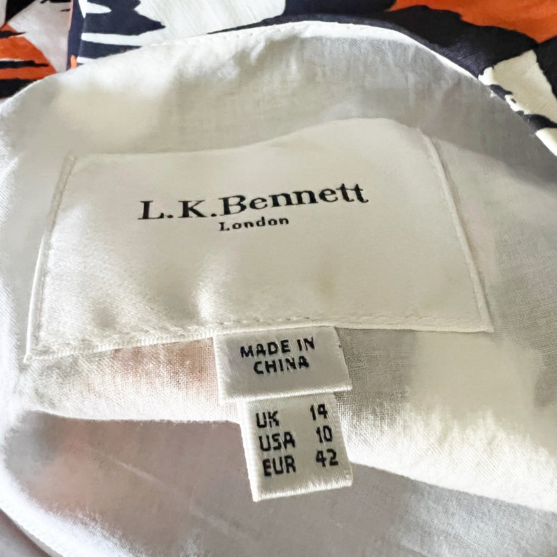 L.K. Bennett Andrea Linen Silk Sleeveless Geometric Print Pattern Midi Dress 10