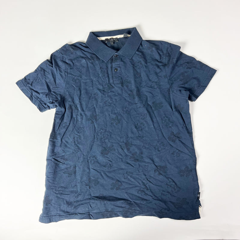 Ted Baker Men's Tyssen Jacquard Floral Polo Collared Short Sleeve Shirt Blue L