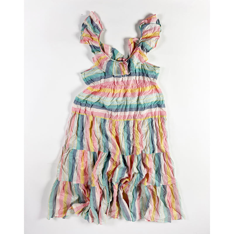 NEW J. Crew Cotton Rainbow Multicolor Stripe Print Pattern Tiered Midi Dress S