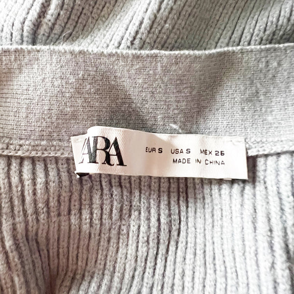 Zara Linen Blend Shaker Knit Pockets Button Front V Neck Cardigan Sweater Gray S