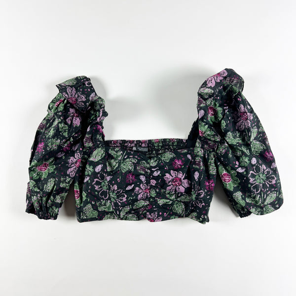 Zara Cotton Smocked Stretch Back Puff Half Sleeve Floral Flower Blouse Crop Top