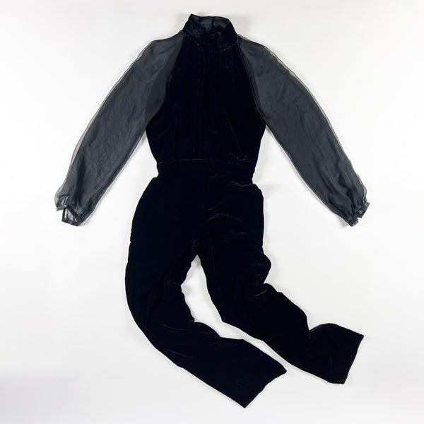 Intermix Stella Velvet Velour High Neck Sheer Long Sleeve Jumpsuit Jumper Black