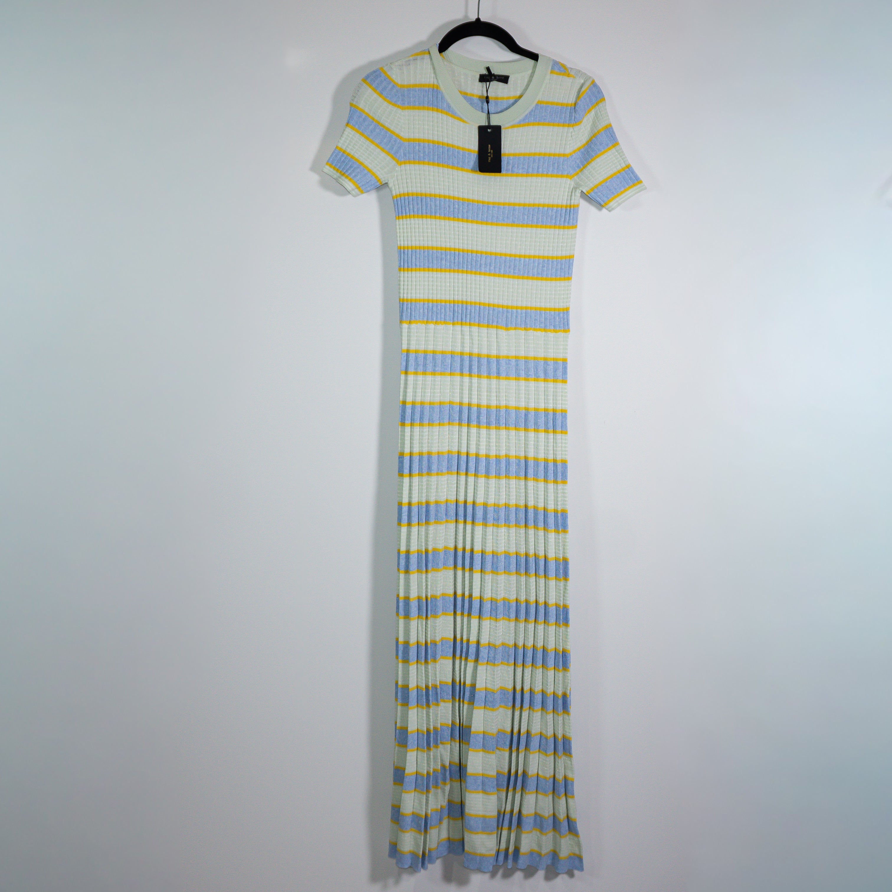 NEW Rag &amp; Bone Eloise Striped Rib Knit Stretch Pleated Midi Dress Green Multi XS