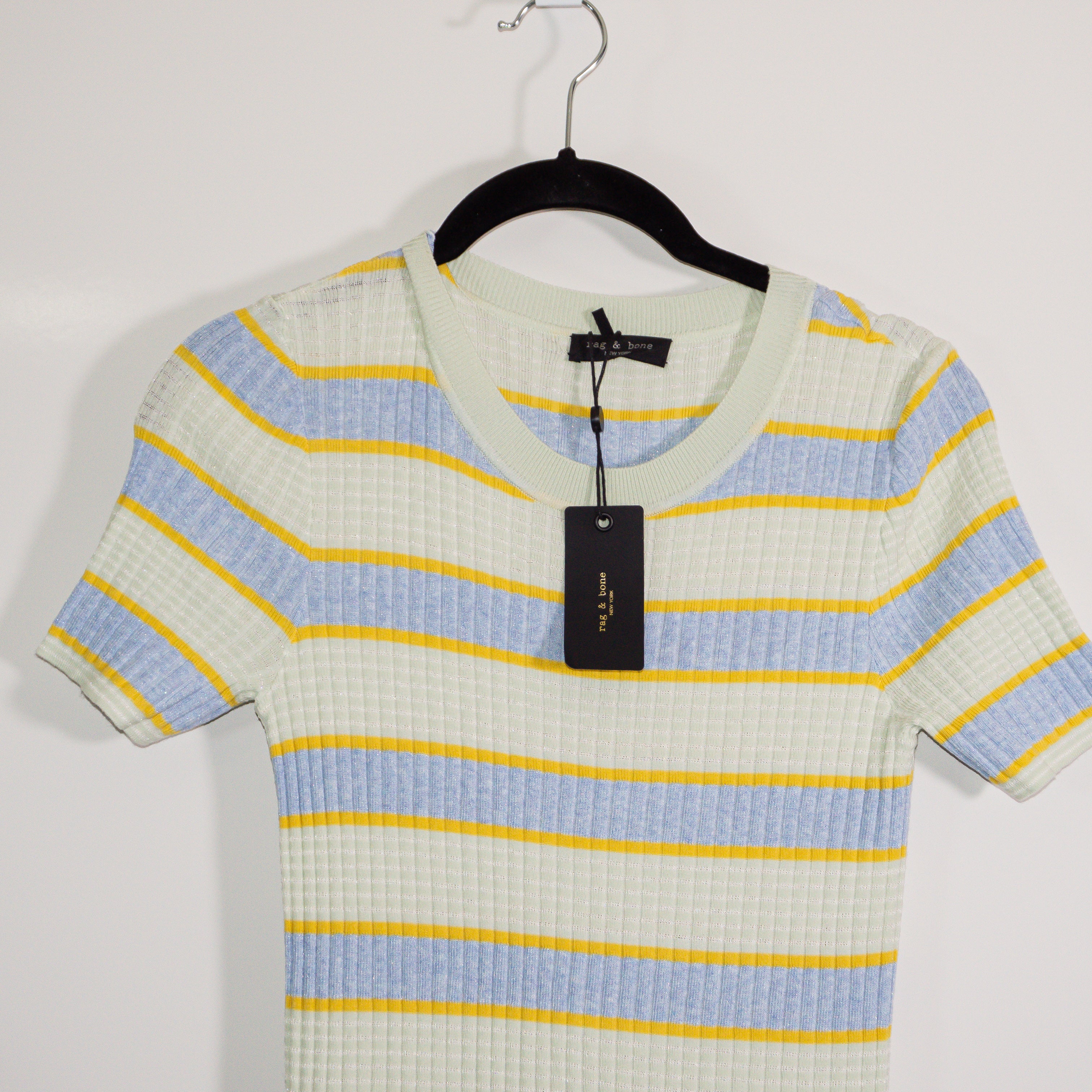 NEW Rag &amp; Bone Eloise Striped Rib Knit Stretch Pleated Midi Dress Green Multi XS