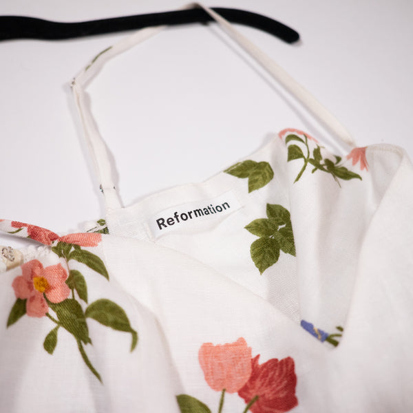 Reformation Martin Floral Flower Botanical Pattern Smocked Mini Linen Dress 0