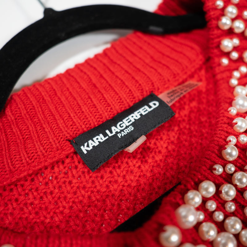 Karl Lagerfeld Red Cable knit Stretch Pearl Beaded Embellished Crew Neck Sweater