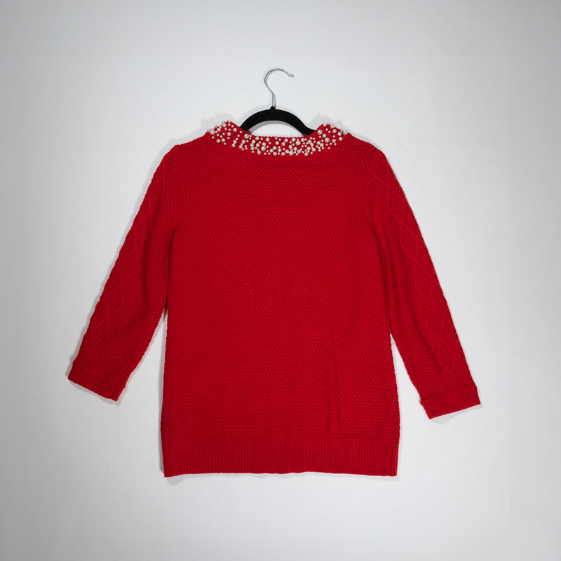 Karl Lagerfeld Red Cable knit Stretch Pearl Beaded Embellished Crew Neck Sweater