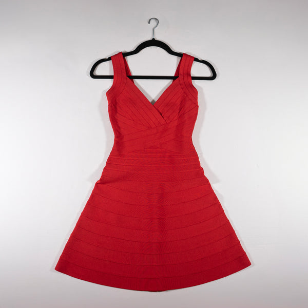 NEW Herve Leger Nastya Red Lacquer Bandage Stretch Fit Flare Mini Cocktail Dress