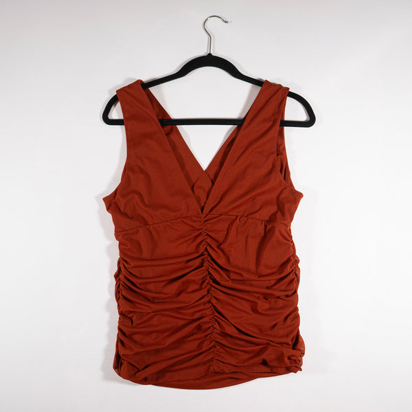 NEW Anthropologie Double V Mesh Ruched Sleeveless Burnt Orange Tank Top Blouse L