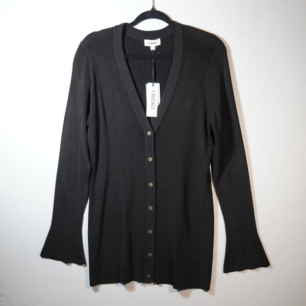 NEW L'Agence Lucas Ribbed Knit Stretch Button Front Long Cardigan Sweater Black