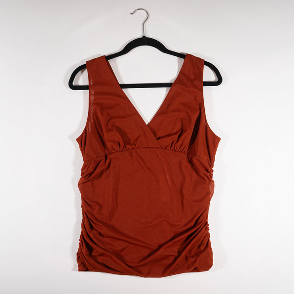 NEW Anthropologie Double V Mesh Ruched Sleeveless Burnt Orange Tank Top Blouse L