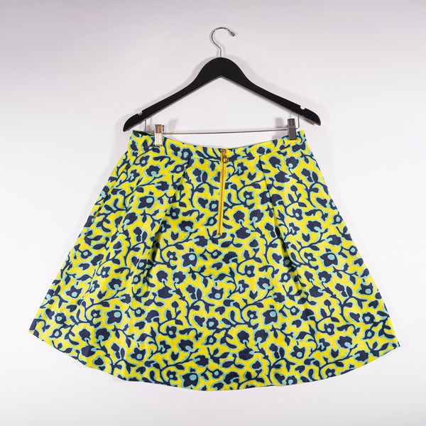 Draper James Vidalia Vine Yellow Blue Print Silk Satin A Line Mini Skirt 10