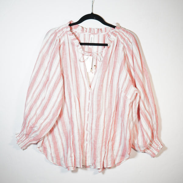 NEW Kivari Hailee Linen Cotton Button Front Coastal Stripe Long Sleeve Blouse<span class="Apple-converted-space">&nbsp;</span>