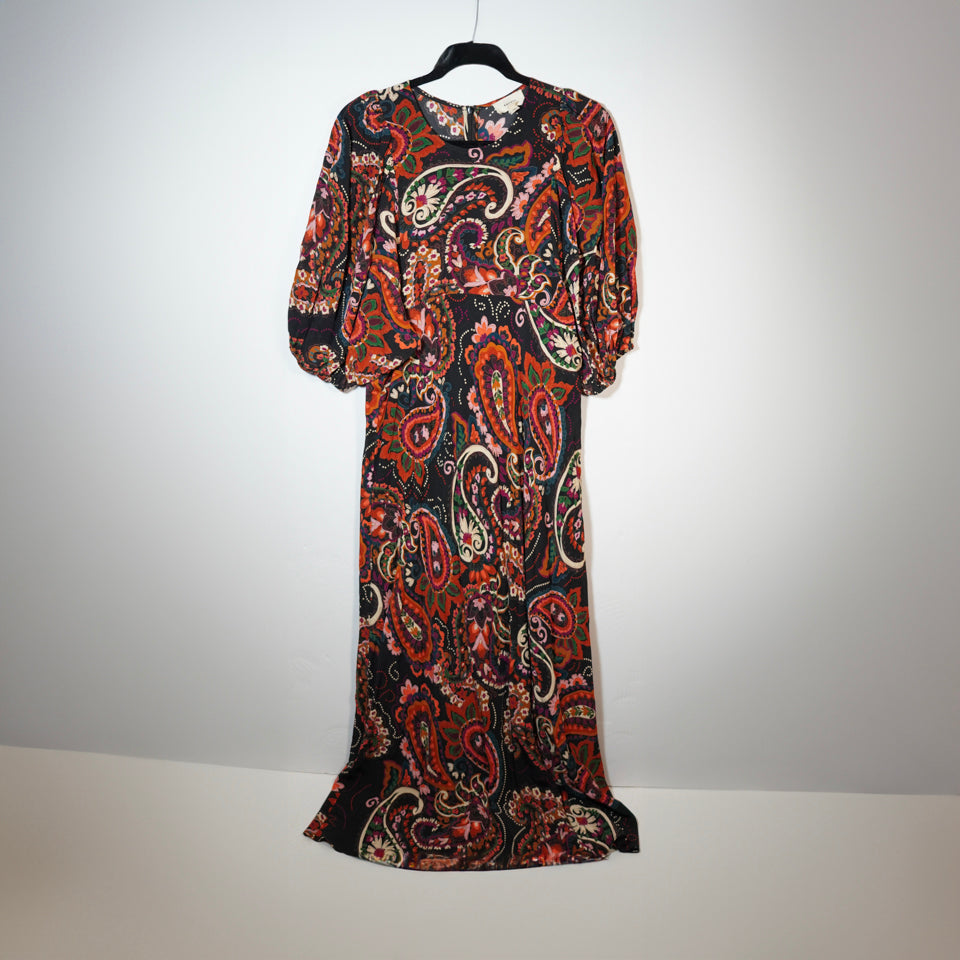 Kachel Paisley Print Multi Color Pattern Satin Long Sleeve Pullover Maxi Dress M