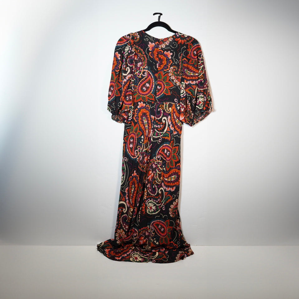 Kachel Paisley Print Multi Color Pattern Satin Long Sleeve Pullover Maxi Dress M