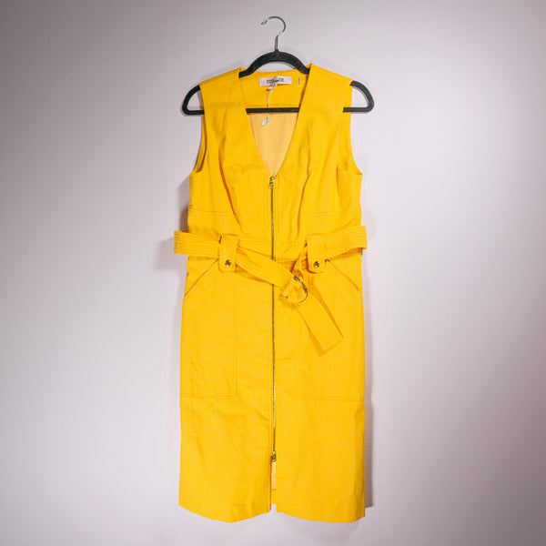 Diane Von Furstenberg Cotton Stretch Canvas Sleeveless Belted Zipper Front Dress