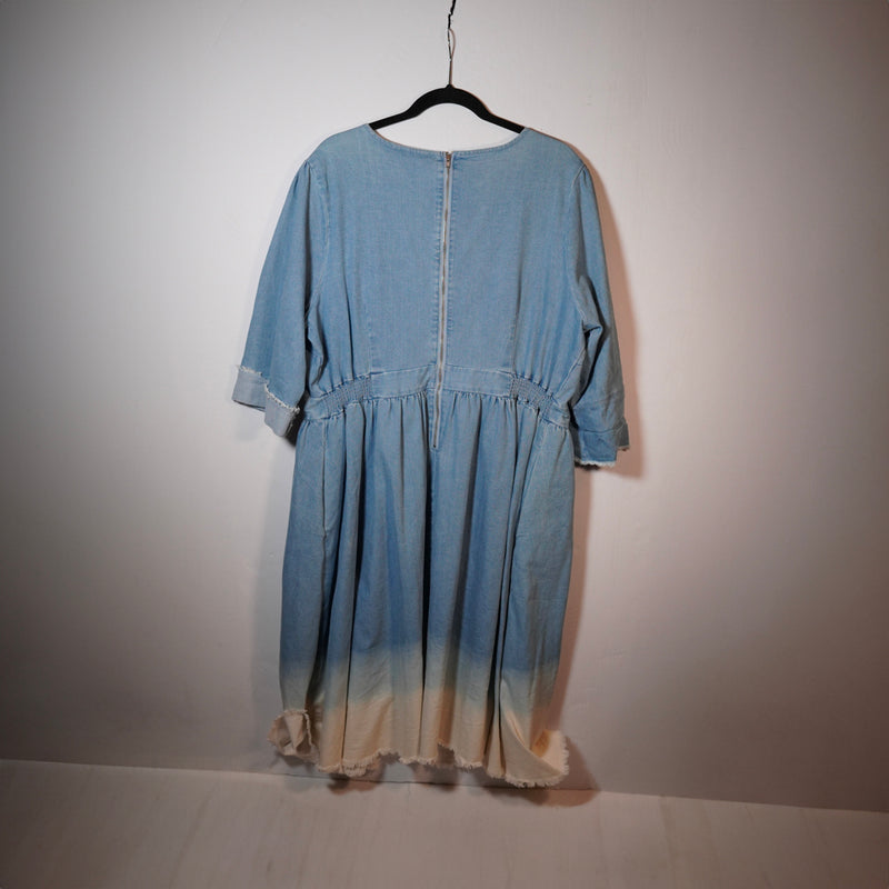 Eloquii Cotton Denim Chambray Dip Dye Bleached V Neck Pullover Midi Dress 18