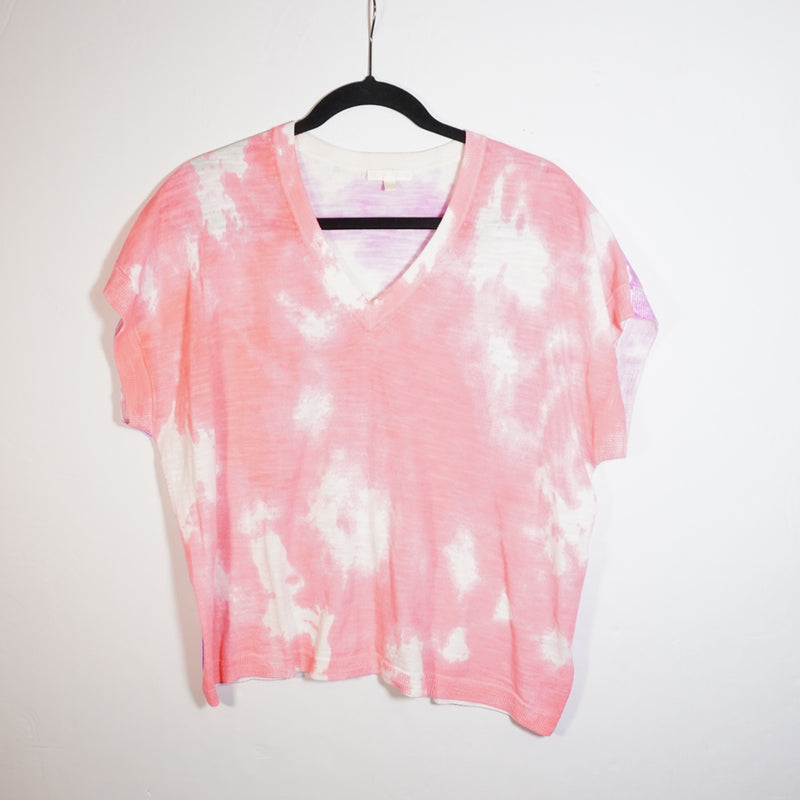 Lisa Todd Cotton Pink Purple Tie Dye V Neck Short Sleeve Tee Shirt Blouse Top M