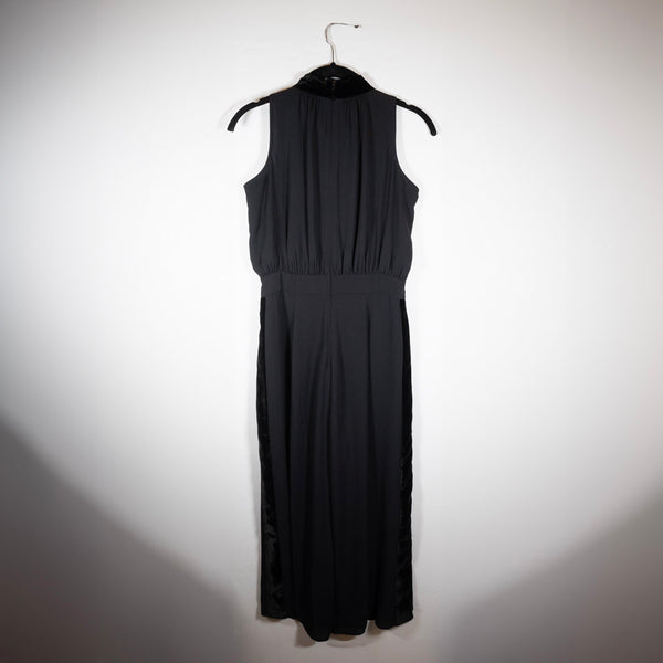 Kate Spade Chiffon Velvet Velour Tuxedo Trim Neck Tie Sleeveless Jumpsuit Black