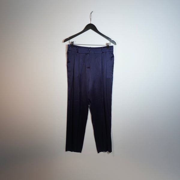 Magda Butrym Silk Satin Front Pleated Mid Rise Ankle Length Navy Blue Pants 38